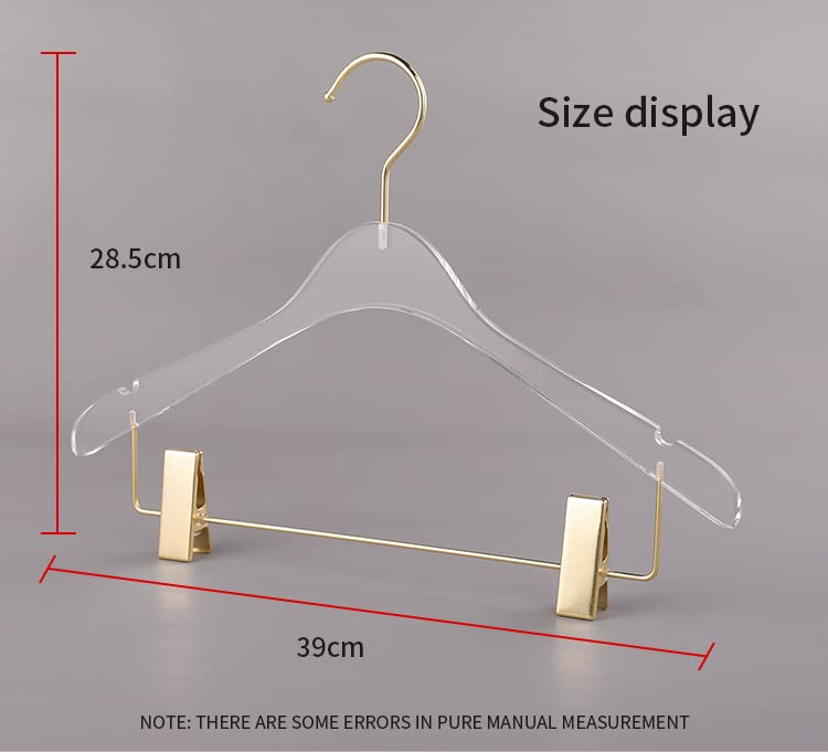 Nisorpa Acrylic Hangers with Clips, 10 Pack Clear Plastic Hangers Non-Slip with Golden Chrome Steel Hook, Clothes Hangers Space Saving Hanger for Dresses Suit Jacket Sweater Blouse