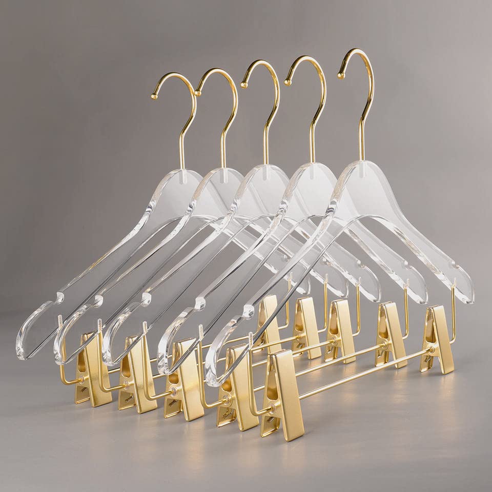 Nisorpa Acrylic Hangers with Clips, 10 Pack Clear Plastic Hangers Non-Slip with Golden Chrome Steel Hook, Clothes Hangers Space Saving Hanger for Dresses Suit Jacket Sweater Blouse