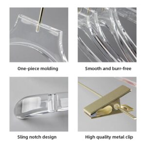 Nisorpa Acrylic Hangers with Clips, 10 Pack Clear Plastic Hangers Non-Slip with Golden Chrome Steel Hook, Clothes Hangers Space Saving Hanger for Dresses Suit Jacket Sweater Blouse