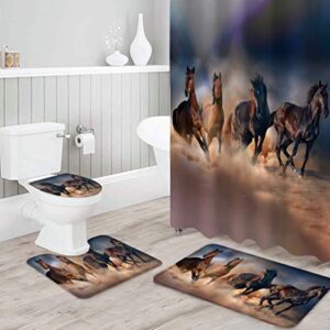 familydecor 4 piece shower curtain sets with non-slip rug, toilet lid cover and bath mat, horses galloping fast on the ground shower curtain with hooks, durable waterproof bath curtain 36x72 inch