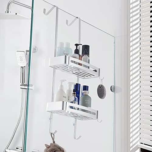 MOGFCT Bathroom Shower Caddy Over The Door Hanging Shower Organizer Storage Aluminum Shower Shelf Rust Proof Bathroom Shelves Basket Rack with Hook Rust Free (Sliver)