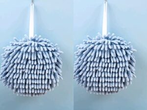 aseanao 2 pcs chenille hanging hand towels quick dry hanging absorbent soft hand bath towel, bathroom fluffy microfiber decorative towels ball，cleaning cloth for bathroom kitchen (light blue)