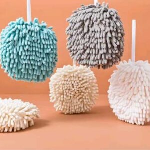 ASEANAO 2 PCS Chenille Hanging Hand Towels Quick Dry Hanging Absorbent Soft Hand Bath Towel, Bathroom Fluffy Microfiber Decorative Towels Ball，Cleaning Cloth for Bathroom Kitchen (Light Blue)