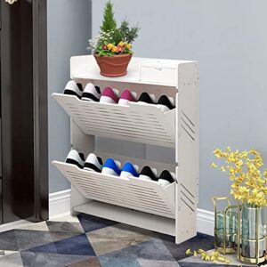 Goudergo 2 Layer Tipping Bucket Shoe Rack,White Shoe Storage Cabinet,Narrow Shoe Cabinet for Entrances & Hallways & Living Room & Study & Bedroom & Corridor,Etc