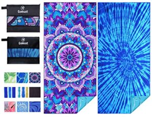 2 pack lightweight thin beach towel oversized 71"x32" big extra large microfiber sand free towels for adult quick dry travel camping beach accessories vacation essential gift tie dye purple mandala