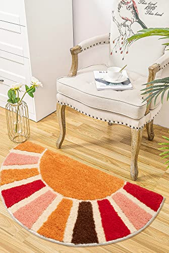 NOTASA Boho Bathroom Rugs Half Circle Bath Mat Cute Bohemian Bath Rug for Bedroom Large Carpet Home Decor Non-Slip Semi Round Shower Rug Funny Washable Indoor Floor Door Mat Sun Retro 20x37inch