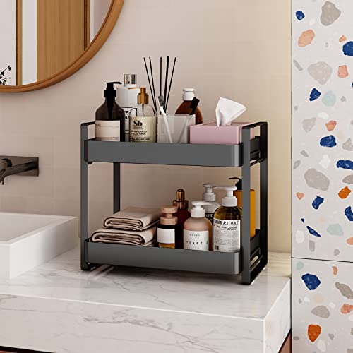 GILLAS 2 Tier Bathroom Counter Organizer, Makeup and Cosmetic Organizer Rack, Bathroom Vanity Storage Tray, Counter Standing Holder Shelf, Black Large