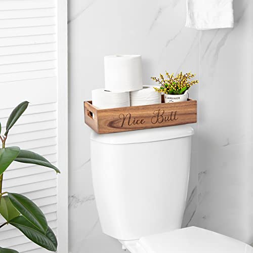 ALELION Bathroom Basket - Rustic Acacia Wood Toilet Tank Paper Basket with Handle for Organizing - Back of Toilet Storage Organizer for Bathroom Tank Topper Counter - Farmhouse Bathroom Decor Box