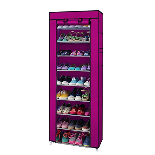 Gappys Shoe Rack Organizer Storage with Dustproof Cover - 10-Tier Free Standing Shoe Racks Cabinet for Closets,Shoe Stand,Shoe Shelf Storage (Pink), 22.83 x 11.4 x 63 inch