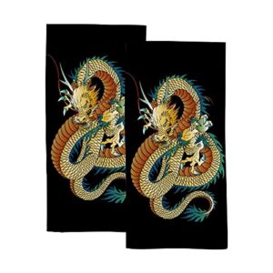 kuizee microfiber hand towel face towels set of 2 oriental dragon painting quick-dry highly absorbent ultra soft bathroom kitchen 30x15 inch
