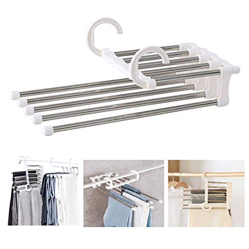 RZJZGZ 5-in-1 Multifunctional Magic Pants Hangers, Stainless Steel Multi-Layer Pants Clip, Five-Layer Storage Folding Retractable Plastic Hanger