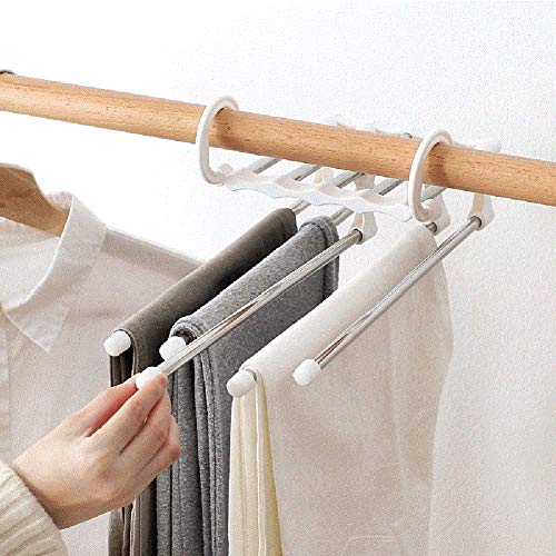 RZJZGZ 5-in-1 Multifunctional Magic Pants Hangers, Stainless Steel Multi-Layer Pants Clip, Five-Layer Storage Folding Retractable Plastic Hanger