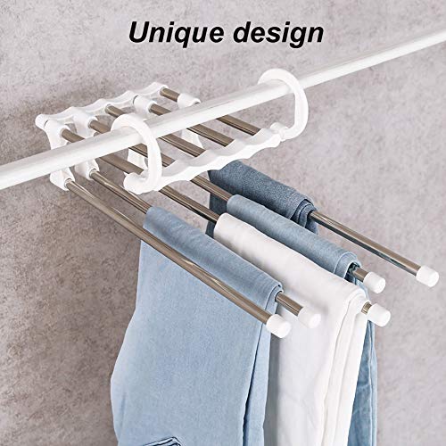 RZJZGZ 5-in-1 Multifunctional Magic Pants Hangers, Stainless Steel Multi-Layer Pants Clip, Five-Layer Storage Folding Retractable Plastic Hanger