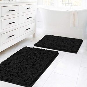 h.versailtex (set of 2) super thick soft shaggy chenille bath mats machine washable bath rugs set for bathroom, dry fast water absorbent bath mats, black (pack 2-20" x 32"/17" x 24")