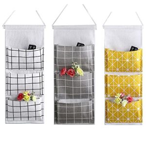 kingree 3pcs wall closet hanging storage bag, premium linen fabric over the door organizer, hanging storage pouches with 3 pockets for bedroom bathroom - waterproof & stylish(grid)