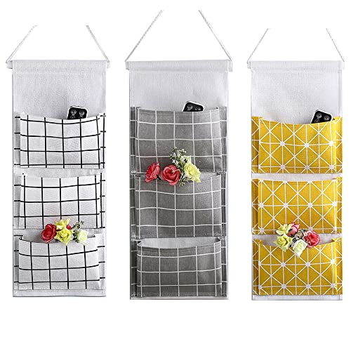 KINGREE 3Pcs Wall Closet Hanging Storage Bag, Premium Linen Fabric Over The Door Organizer, Hanging Storage Pouches with 3 Pockets for Bedroom Bathroom - Waterproof & Stylish(Grid)