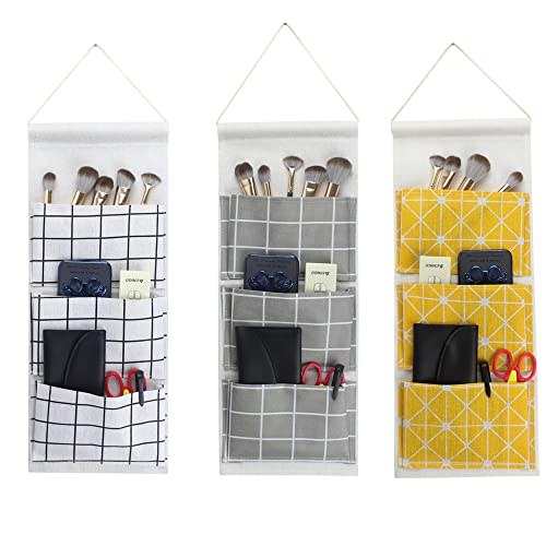 KINGREE 3Pcs Wall Closet Hanging Storage Bag, Premium Linen Fabric Over The Door Organizer, Hanging Storage Pouches with 3 Pockets for Bedroom Bathroom - Waterproof & Stylish(Grid)