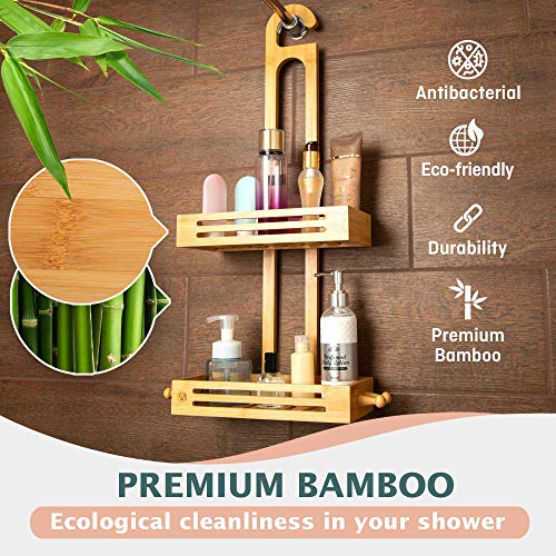 Crew & Axel Bamboo Hanging Shower Caddy Rustproof Made from Natural Bamboo 2 Level Storage Organizer Waterproof & Anti Stain - Over The Shower Head Caddy 27" x 11" x 5"