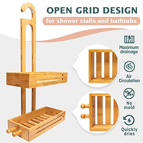 Crew & Axel Bamboo Hanging Shower Caddy Rustproof Made from Natural Bamboo 2 Level Storage Organizer Waterproof & Anti Stain - Over The Shower Head Caddy 27" x 11" x 5"