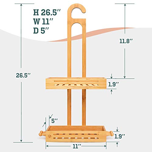 Crew & Axel Bamboo Hanging Shower Caddy Rustproof Made from Natural Bamboo 2 Level Storage Organizer Waterproof & Anti Stain - Over The Shower Head Caddy 27" x 11" x 5"