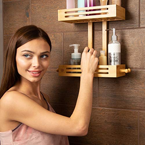 Crew & Axel Bamboo Hanging Shower Caddy Rustproof Made from Natural Bamboo 2 Level Storage Organizer Waterproof & Anti Stain - Over The Shower Head Caddy 27" x 11" x 5"