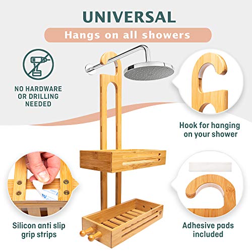 Crew & Axel Bamboo Hanging Shower Caddy Rustproof Made from Natural Bamboo 2 Level Storage Organizer Waterproof & Anti Stain - Over The Shower Head Caddy 27" x 11" x 5"