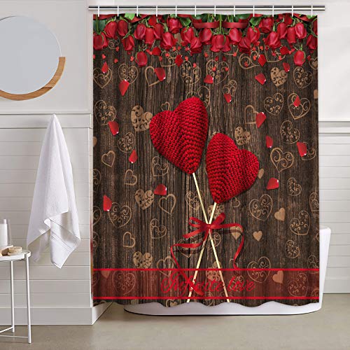 Claswcalor 4 Pcs Valentine’s Day Shower Curtain Set with Non-Slip Rugs, Toilet Lid Cover and Bath Mat, Red Love Heart Shower Curtains with 12 Hooks, Rose Vintage Shower Curtains for Bathroom Decor