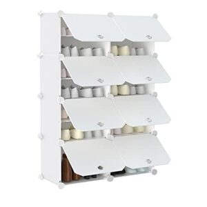 anenz shoe rack organizer,expandable&stackable 28 pairs plastic portable shoe storage cabinet with door tower shelf for entryway closet, 31.5x12x47.25 in,(14 tier) white