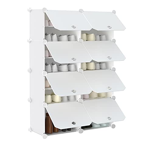 Anenz Shoe Rack Organizer,Expandable&Stackable 28 Pairs Plastic Portable Shoe Storage Cabinet with Door Tower Shelf for Entryway Closet, 31.5x12x47.25 in,(14 Tier) White