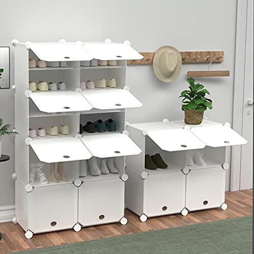 Anenz Shoe Rack Organizer,Expandable&Stackable 28 Pairs Plastic Portable Shoe Storage Cabinet with Door Tower Shelf for Entryway Closet, 31.5x12x47.25 in,(14 Tier) White