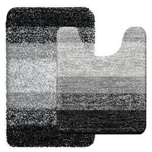olanly ombre bath rug and toilet rugs u-shaped, bath rug size 24x16 and toilet rugs size 24x20 in black, 2 item bundle