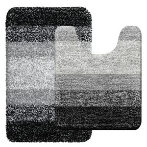 OLANLY Ombre Bath Rug and Toilet Rugs U-Shaped, Bath Rug Size 24x16 and Toilet Rugs Size 24x20 in Black, 2 Item Bundle