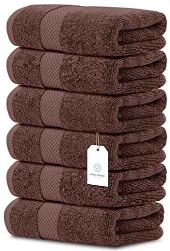 White Classic Luxury Hand Towels | 6 Pack and Product Image Luxury Bath Mat Floor | 2 Pack Bundle (Brown)