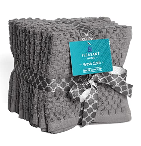 Pleasant Home Washcloths Set - (12” x 12”, 12 Pack) – 550 GSM- 100% Ring Spun Cotton Wash Cloth - Super Soft and Highly Absorbent Face Towels (Grey, Honeycomb Design)