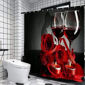 4 Piece Shower Curtain Sets with Non-Slip Rugs,Toilet Lid Cover and Bath Mat,Rose Romantic Flowers and Wine for Lover Shower Curtains and Rugs Set and Accessories - Bathroom Decor,71" L