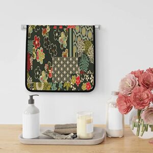 Wozukia Patchwork Floral Hand Towels Traditional Japanese Abstract Floral Pattern Vintage Repeat Texture Hand Towels for Bath Hand Face Gym and Spa Bathroom Decoration 16"X28"