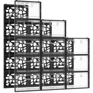 wall qmer shoe boxes clear plastic stackable, 12pack, large size, up to us size 12, crystal clear shoe storage, easy to assemble, sturdy, versatile shoe organizer, black