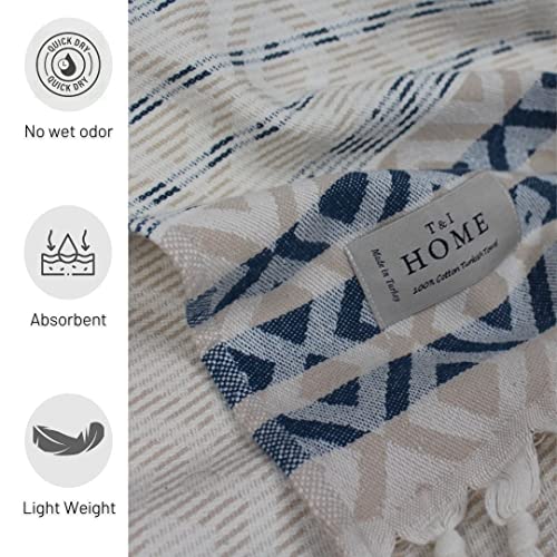 T&I Home Diamond Decorative Turkish Hand Towels for Bathroom - Set of 2 (16x40) Navy Blue, Soft 100% Cotton - Quick Dry, Prewashed, No Shrink - Farmhouse Boho Kitchen Towel Set, Hair, Face, Tea, Dish