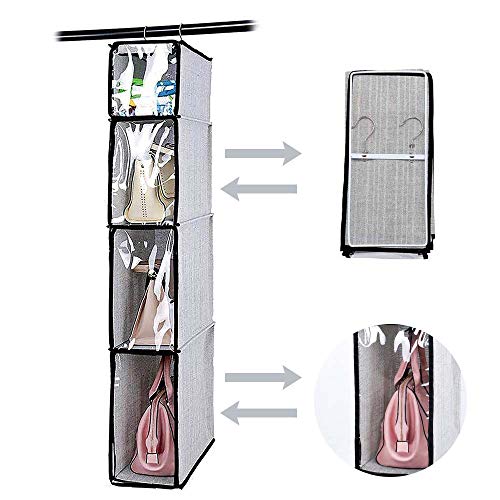 Dearjana 4 Tier Handbag Purse Organizer with Dustproof Cover, Foldable Hanging Closet Wardrobe Storage Shelves Closet Storage System for Living Room Bedroom Home Use, Grey