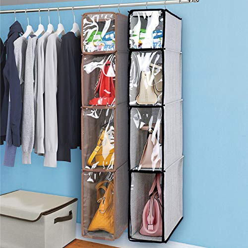 Dearjana 4 Tier Handbag Purse Organizer with Dustproof Cover, Foldable Hanging Closet Wardrobe Storage Shelves Closet Storage System for Living Room Bedroom Home Use, Grey