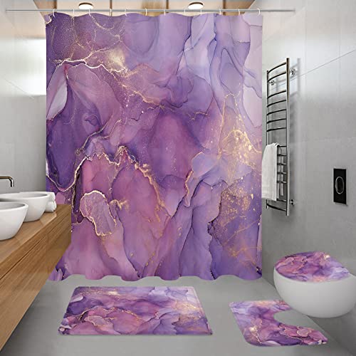 Gibelle 4 Pcs Bathroom Shower Curtain Set with Non-Slip Rugs, Toilet Lid Cover and Bath Mat, Red Diamond Shaped Shower Curtain Hooks Set of 12