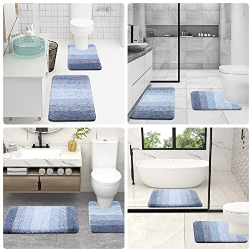 OLANLY Ombre Bath Rug and Toilet Rugs U-Shaped, Bath Rug Size 16x24 and Toilet Rugs Size 20x24 in Blue, 2 Item Bundle