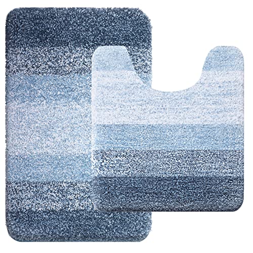 OLANLY Ombre Bath Rug and Toilet Rugs U-Shaped, Bath Rug Size 16x24 and Toilet Rugs Size 20x24 in Blue, 2 Item Bundle