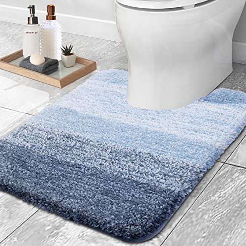 OLANLY Ombre Bath Rug and Toilet Rugs U-Shaped, Bath Rug Size 16x24 and Toilet Rugs Size 20x24 in Blue, 2 Item Bundle