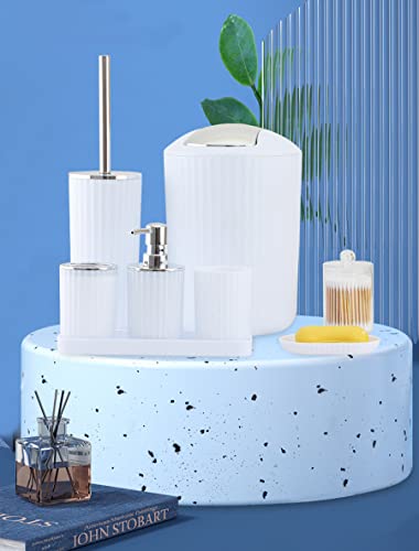 Bathroom Accessories Set, 8 Piece Plastic Gift Set, Toothbrush Holder, Toothbrush Cup, Soap Dispenser, Soap Dish, Toilet Brush Holder, Trash Can (White)