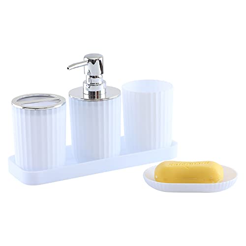 Bathroom Accessories Set, 8 Piece Plastic Gift Set, Toothbrush Holder, Toothbrush Cup, Soap Dispenser, Soap Dish, Toilet Brush Holder, Trash Can (White)