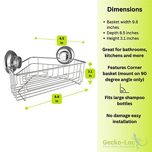 Gecko-Loc Corner Bathroom Shower Caddy Shelf Organizer Suction Cup Wall Storage Basket - Silver