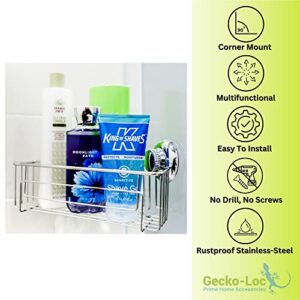 Gecko-Loc Corner Bathroom Shower Caddy Shelf Organizer Suction Cup Wall Storage Basket - Silver