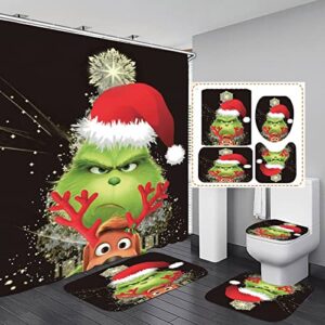 4pcs christmas elk grinch shower curtain set with non-slip rugs,bath mat and toilet lid cover for bathroom weighted lead hem polyester,new year xmas winter holiday decor with 12 hooks 72x72 in(50)