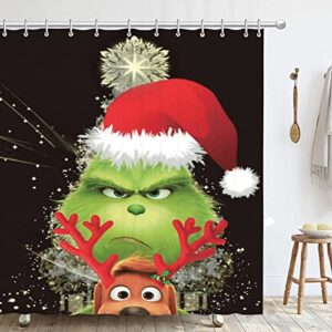 4Pcs Christmas Elk Grinch Shower Curtain Set with Non-Slip Rugs,Bath Mat and Toilet Lid Cover for Bathroom Weighted Lead Hem Polyester,New Year Xmas Winter Holiday Decor with 12 Hooks 72x72 in(50)